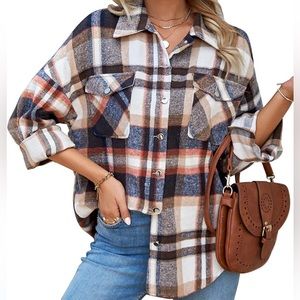 Womens Plaid Flannel Button Shaket | Button Down Long Sleeve Oversized Blouses
